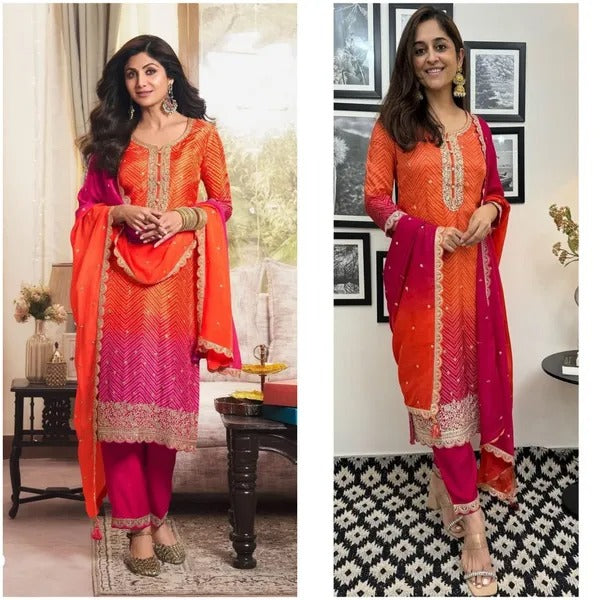 Silk Pure Bandej Kurti Pant & Dupatta Set