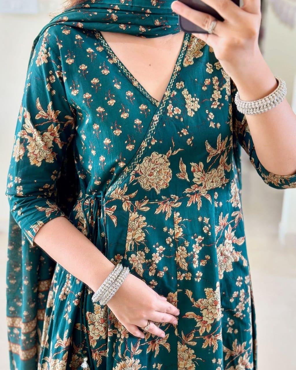 Anarkali Kurta Set With Angrakha Style For Women(GREEN)