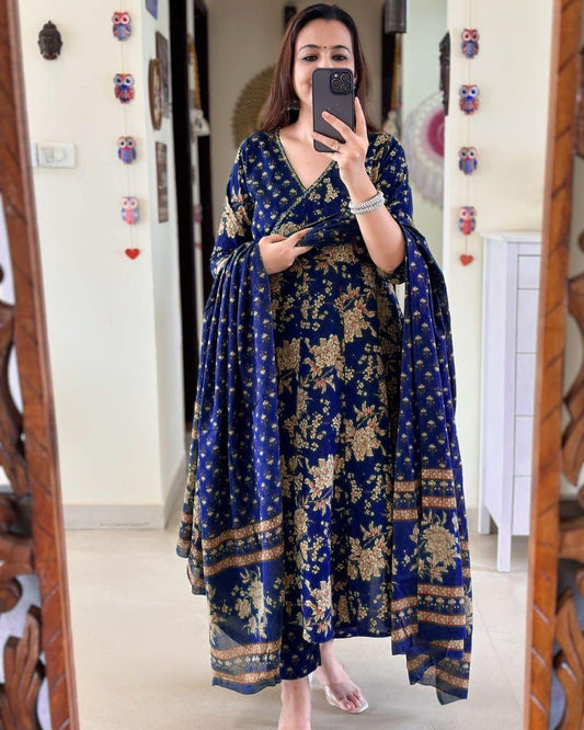 Anarkali Kurta Set With Angrakha Style For Women(BLUE)