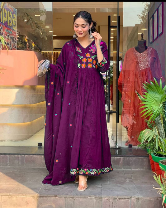 Burgundy Premium Cotton Embroidery Kurta Set with Dupatta
