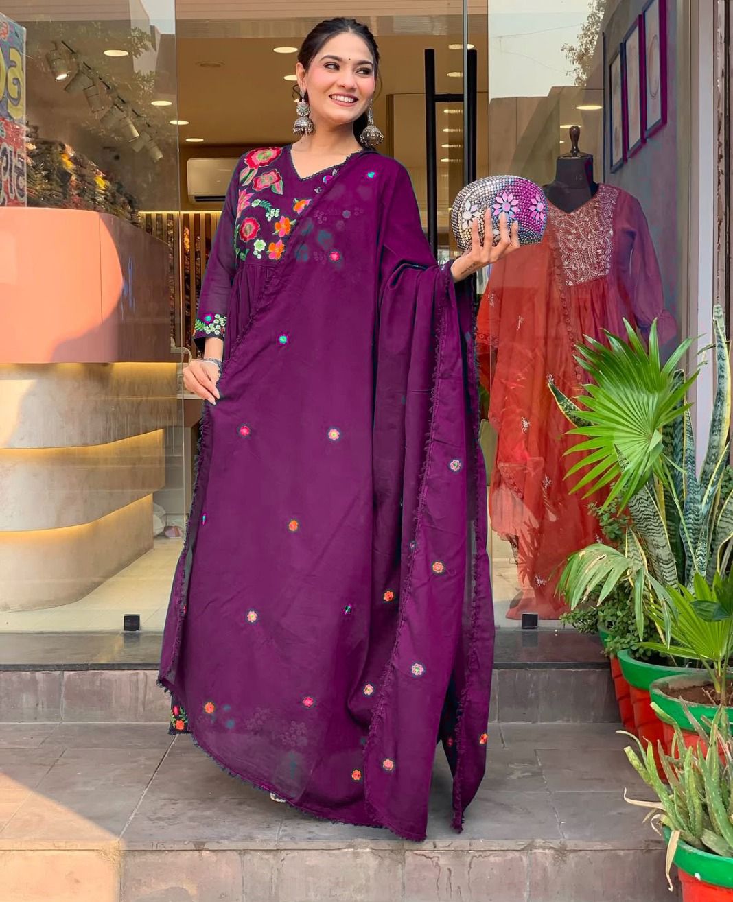 Burgundy Premium Cotton Embroidery Kurta Set with Dupatta
