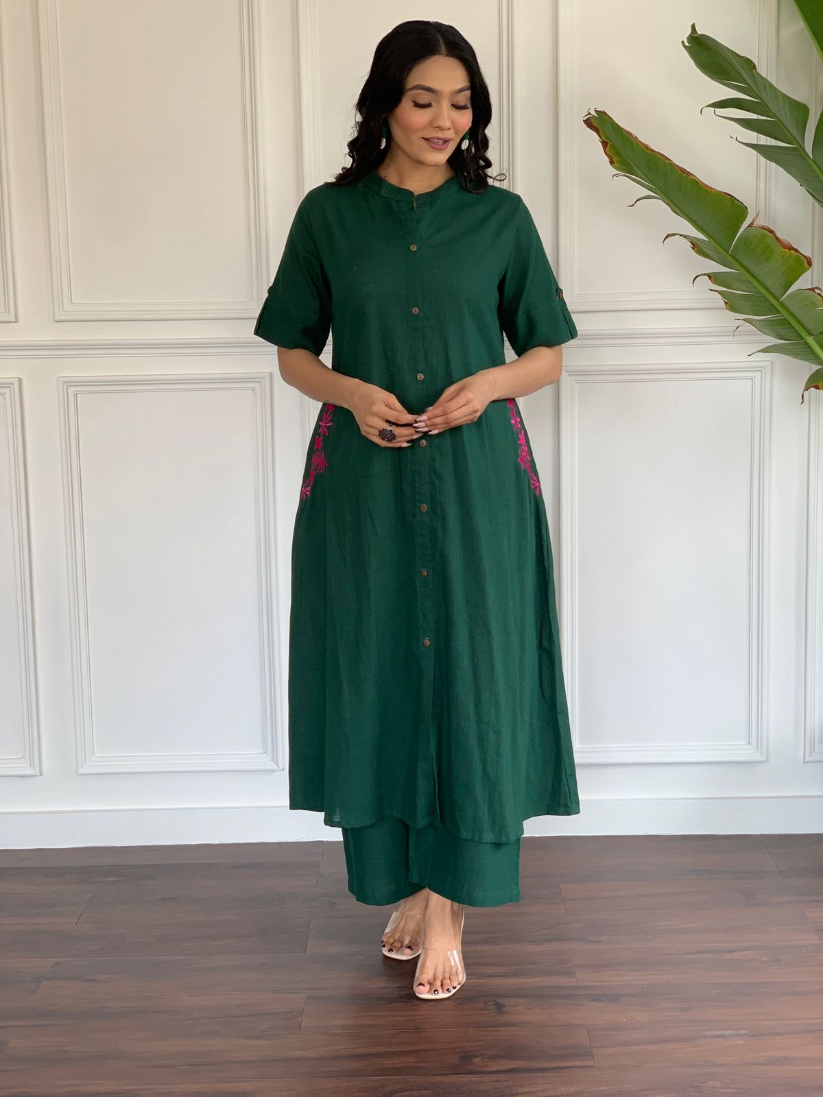 Green Cotton A-Line Kurti With Pallazo Set For Women