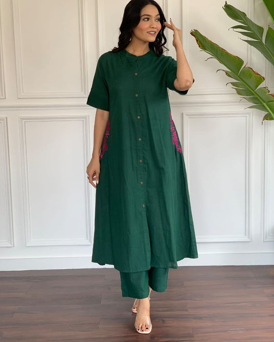 Green Cotton A-Line Kurti With Pallazo Set For Women
