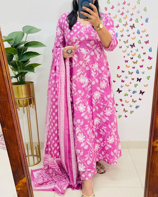 Designer Floral Cotton Kurta Pant and Dupatta Set