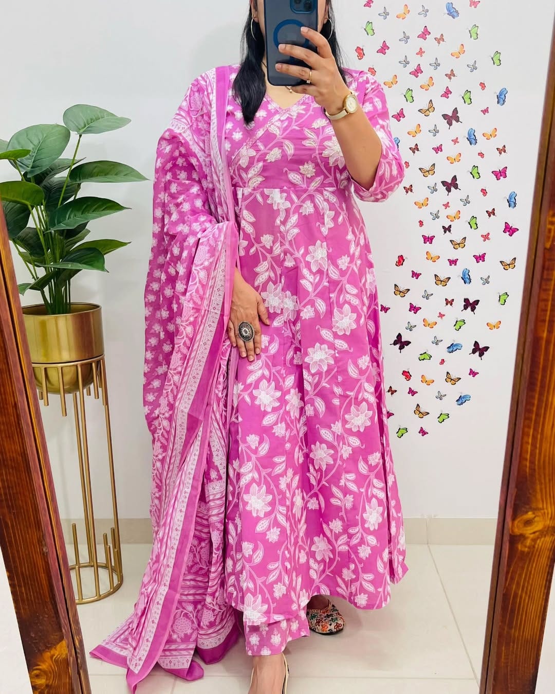 Designer Floral Cotton Kurta Pant and Dupatta Set