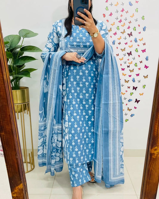 Sky Blue Designer Azrak Cotton Suit