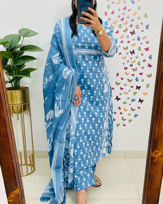 Sky Blue Designer Azrak Cotton Suit