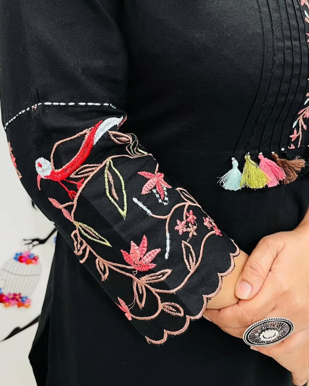 Pure Cotton Embroidery Work Kurta With Pant (Black)