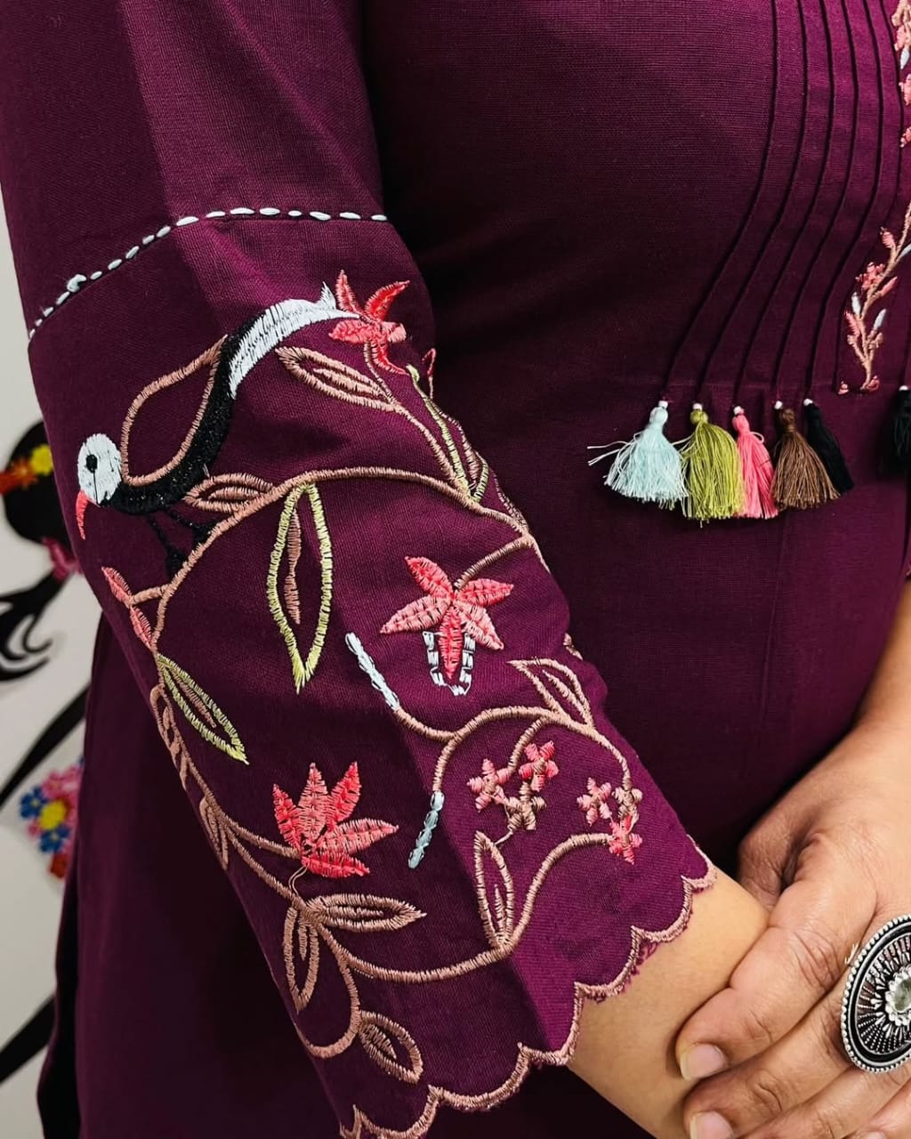 Pure Cotton Embroidery Work Kurta With Pant (Maroon)