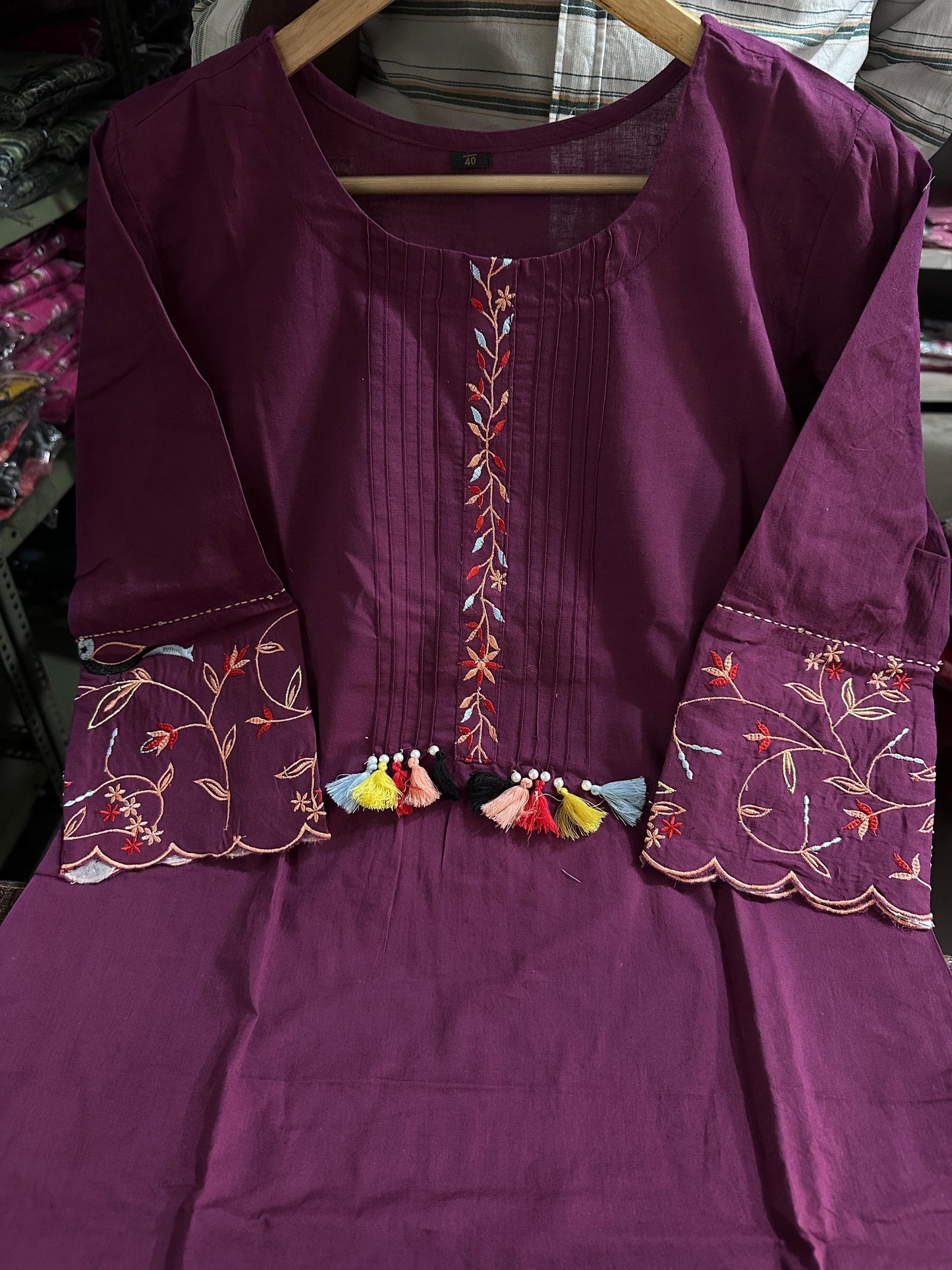 Pure Cotton Embroidery Work Kurta With Pant (Maroon)