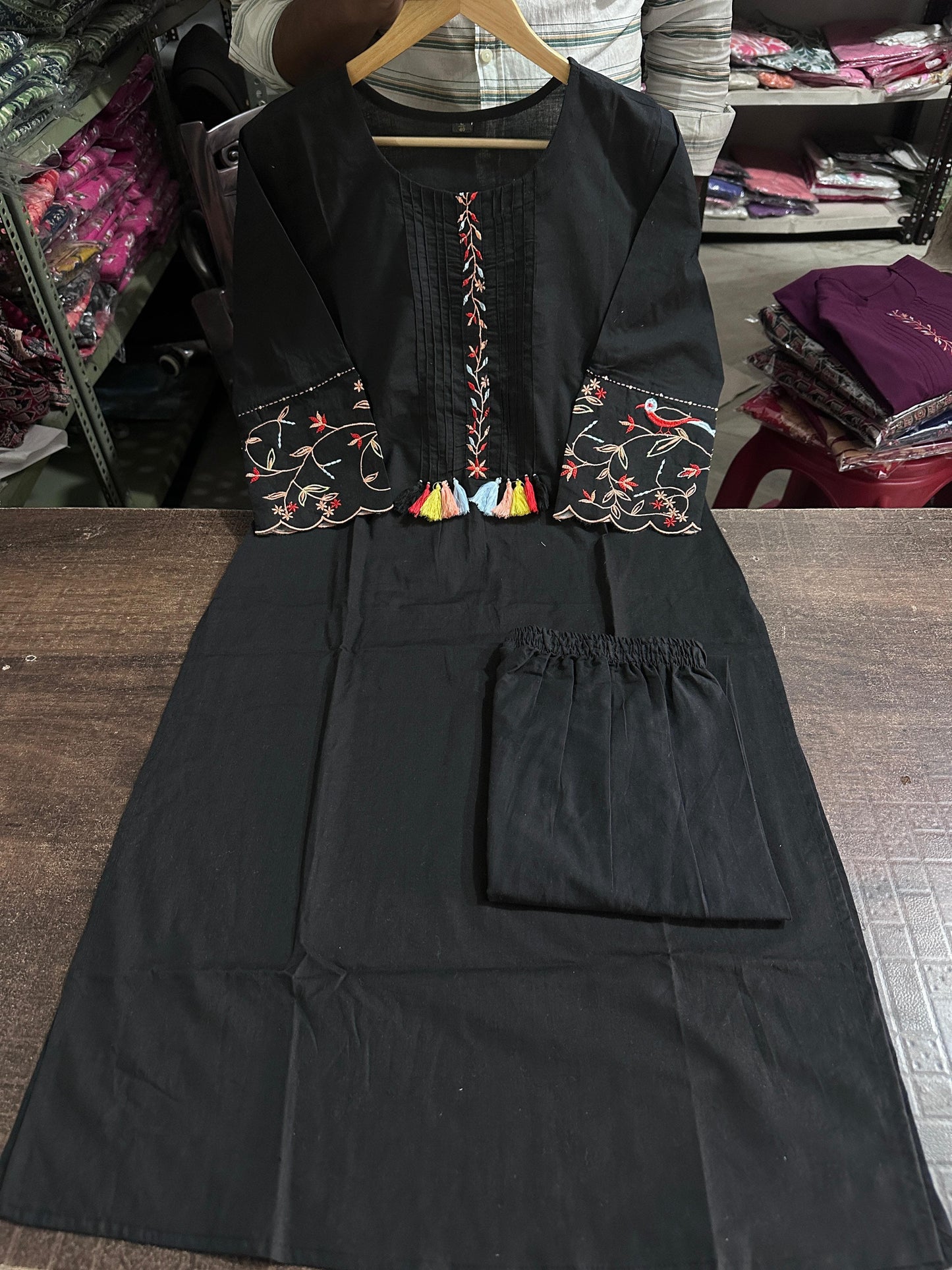 Pure Cotton Embroidery Work Kurta With Pant (Black)