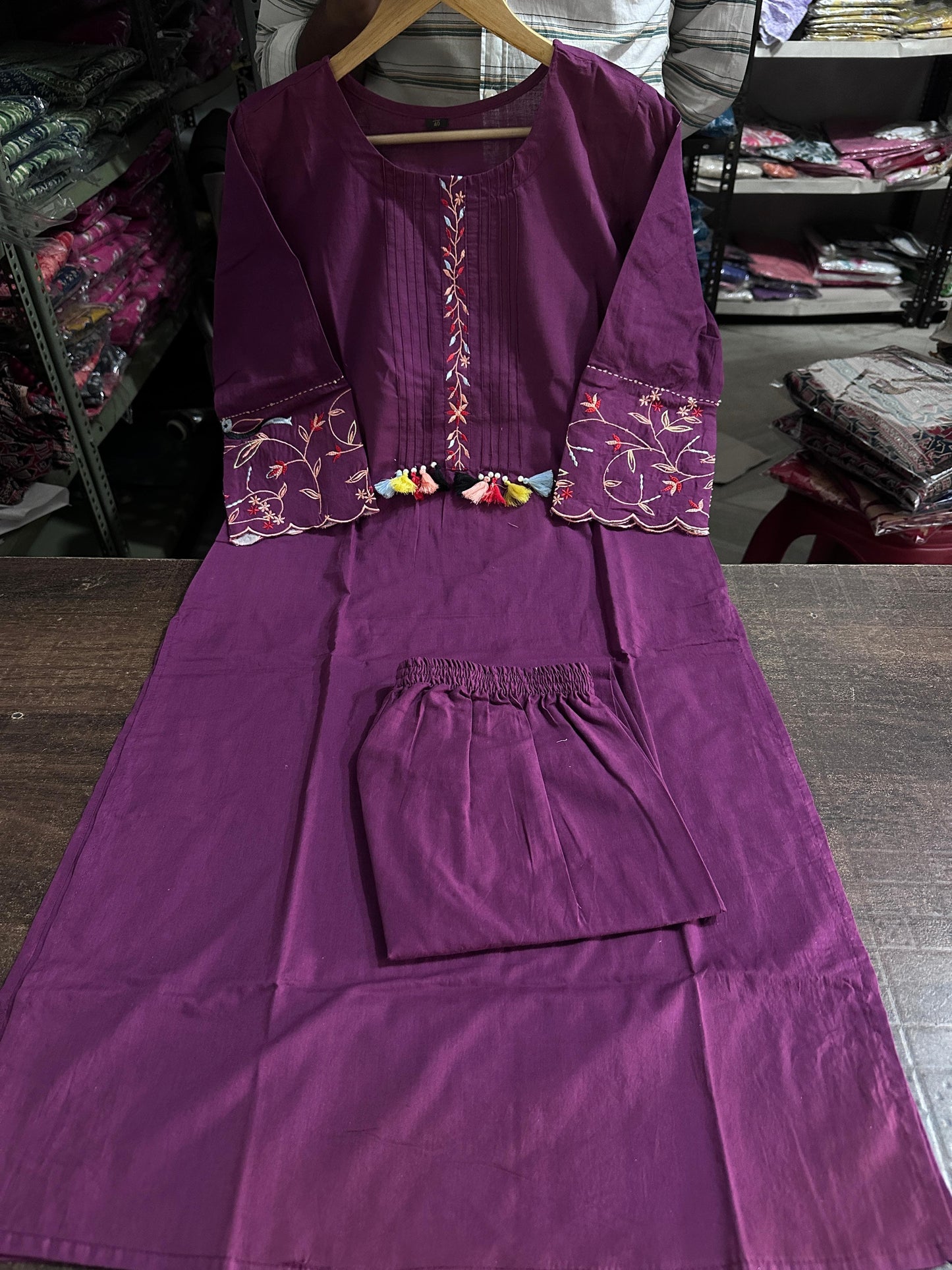 Pure Cotton Embroidery Work Kurta With Pant (Maroon)