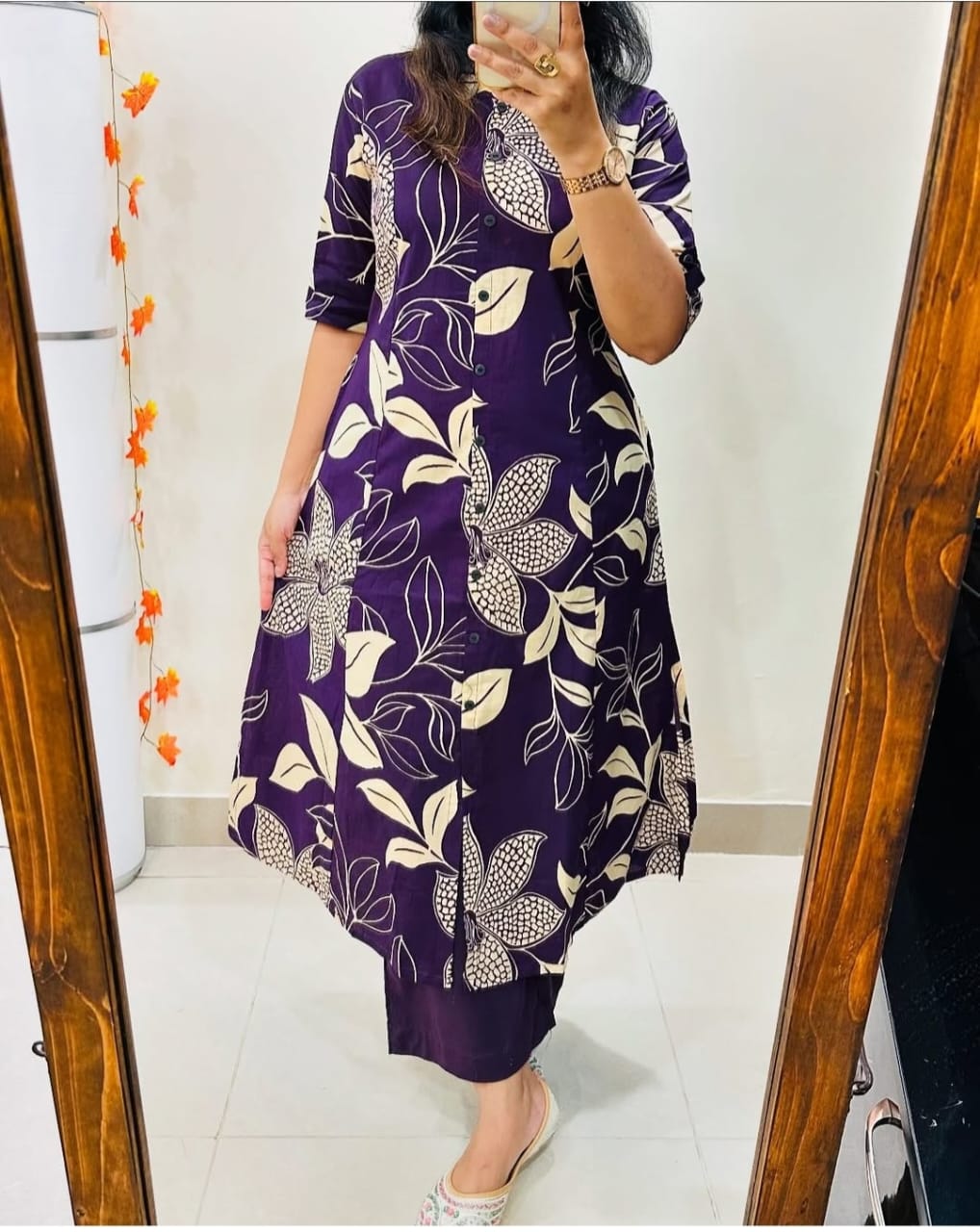 Deep Purple Floral Long Kurti with Pant