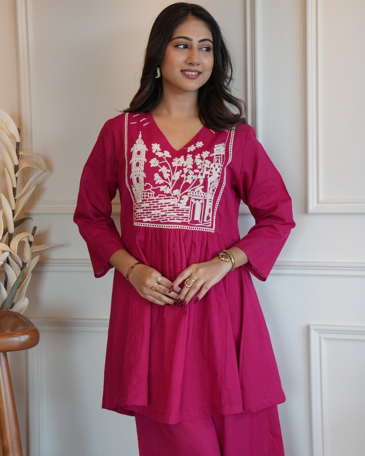 Pink Linen Kurta With Embroidery Work & Stylish Culotte Palazzos