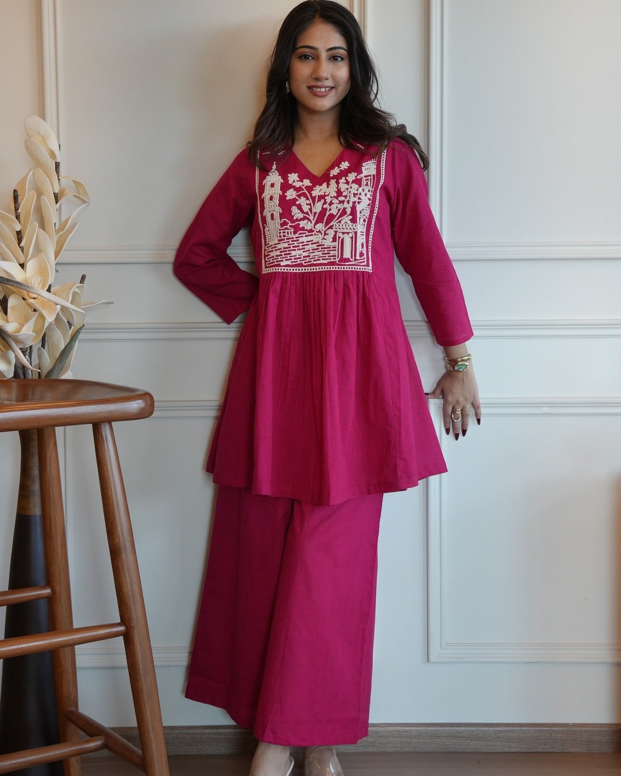 Pink Linen Kurta With Embroidery Work & Stylish Culotte Palazzos