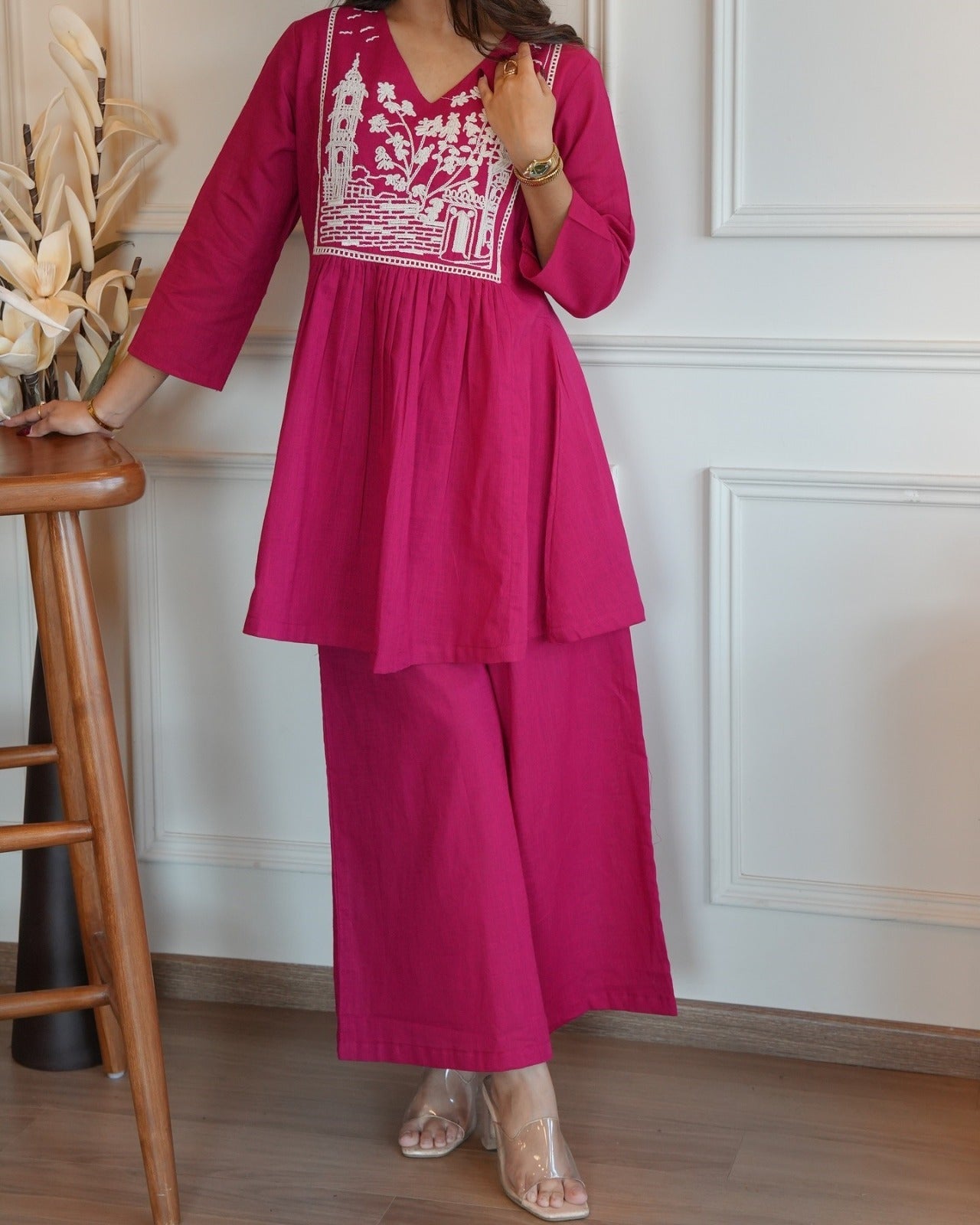 Pink Linen Kurta With Embroidery Work & Stylish Culotte Palazzos