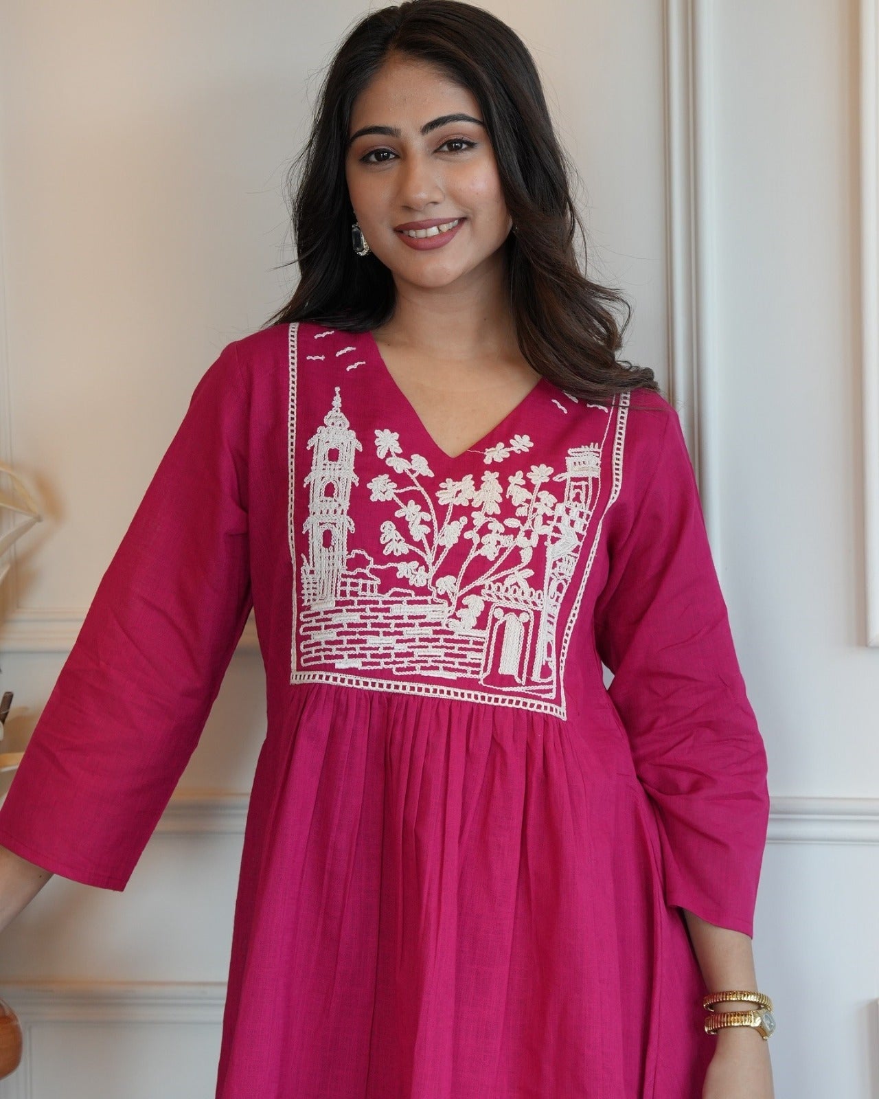 Pink Linen Kurta With Embroidery Work & Stylish Culotte Palazzos