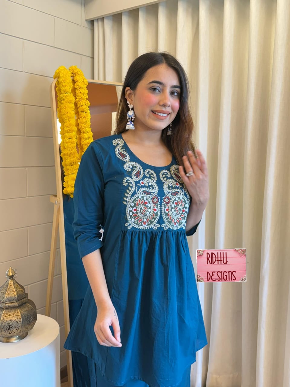 Blue Pure Cotton Short Kurta and Palazzo Set