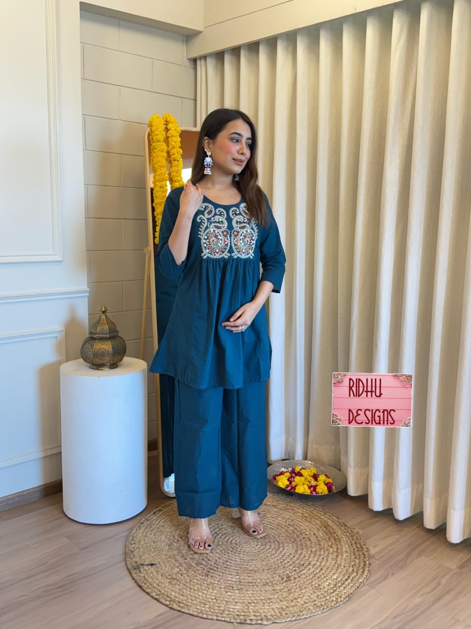 Blue Pure Cotton Short Kurta and Palazzo Set