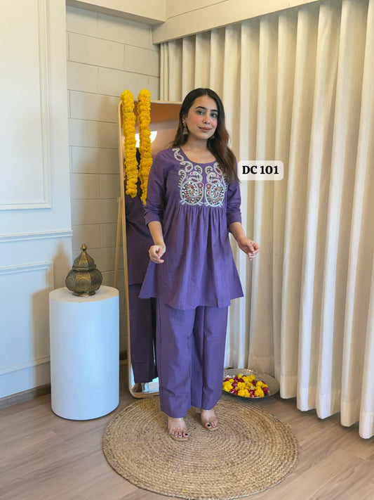 Purple Pure Cotton Short Kurta and Palazzo Set
