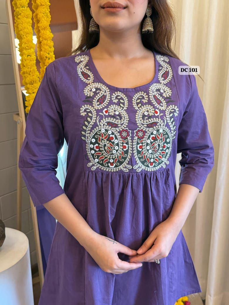 Purple Pure Cotton Short Kurta and Palazzo Set