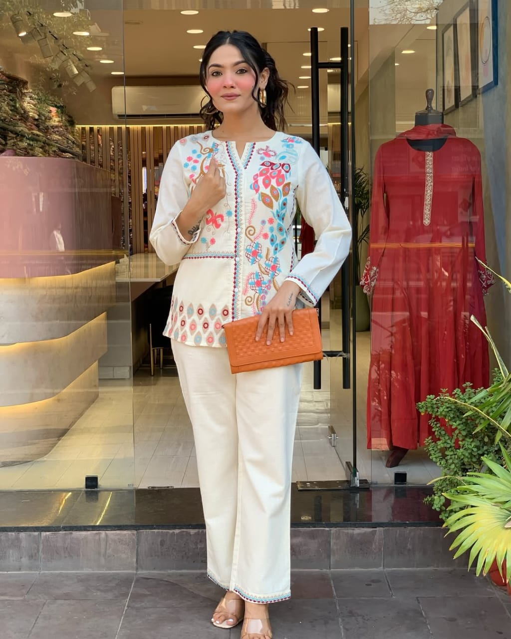 White Premium Cotton Co-ord Set Embroidery Work