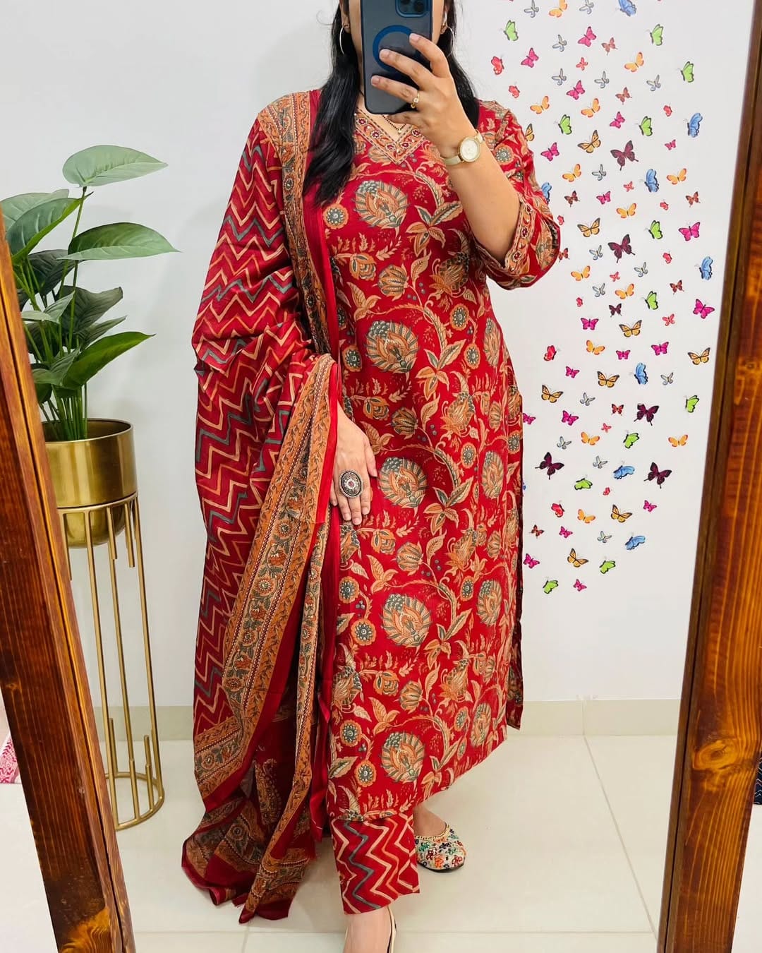 Designer V Neck Azrak Print Cotton Suit