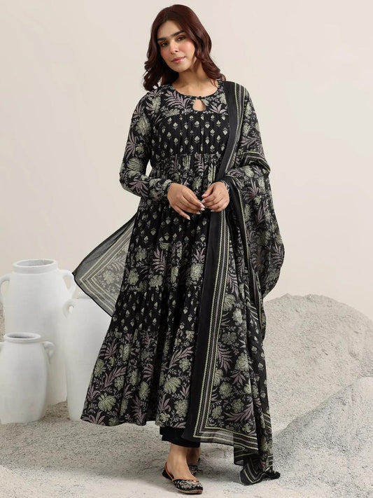 Anarkali Work Kurta Pant and Dupatta Set (Black)