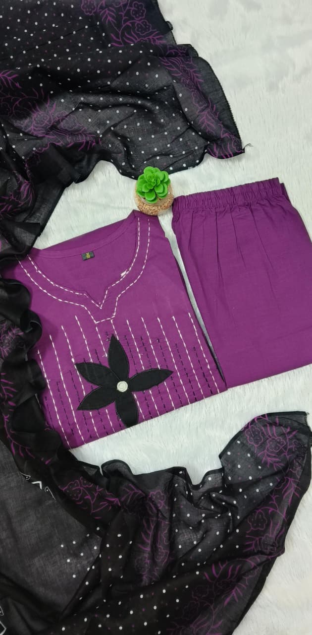 Purple Designer Jaipuri Applique & Mirror Work Dhabu Cotton Suit