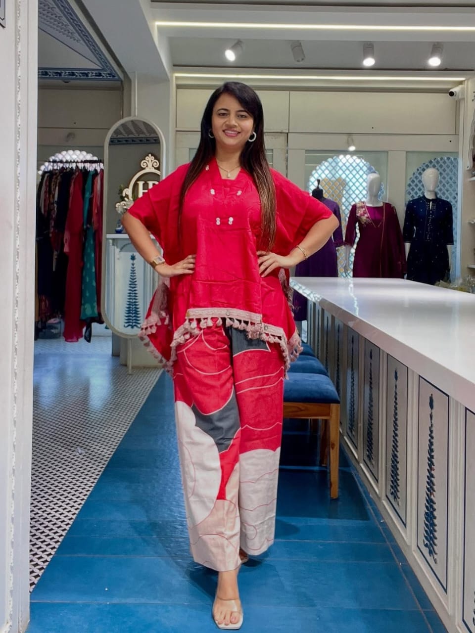 Pink Cotton Kaftan Style Kurti Set