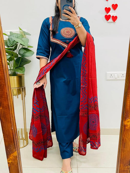 Blue Sitara Mirror Applique Kurti Set with Block Print Dupatta