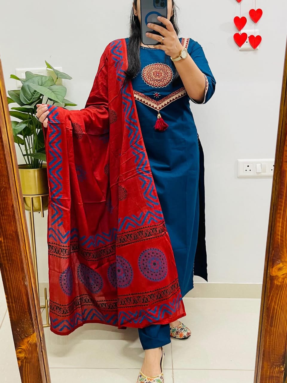 Blue Sitara Mirror Applique Kurti Set with Block Print Dupatta