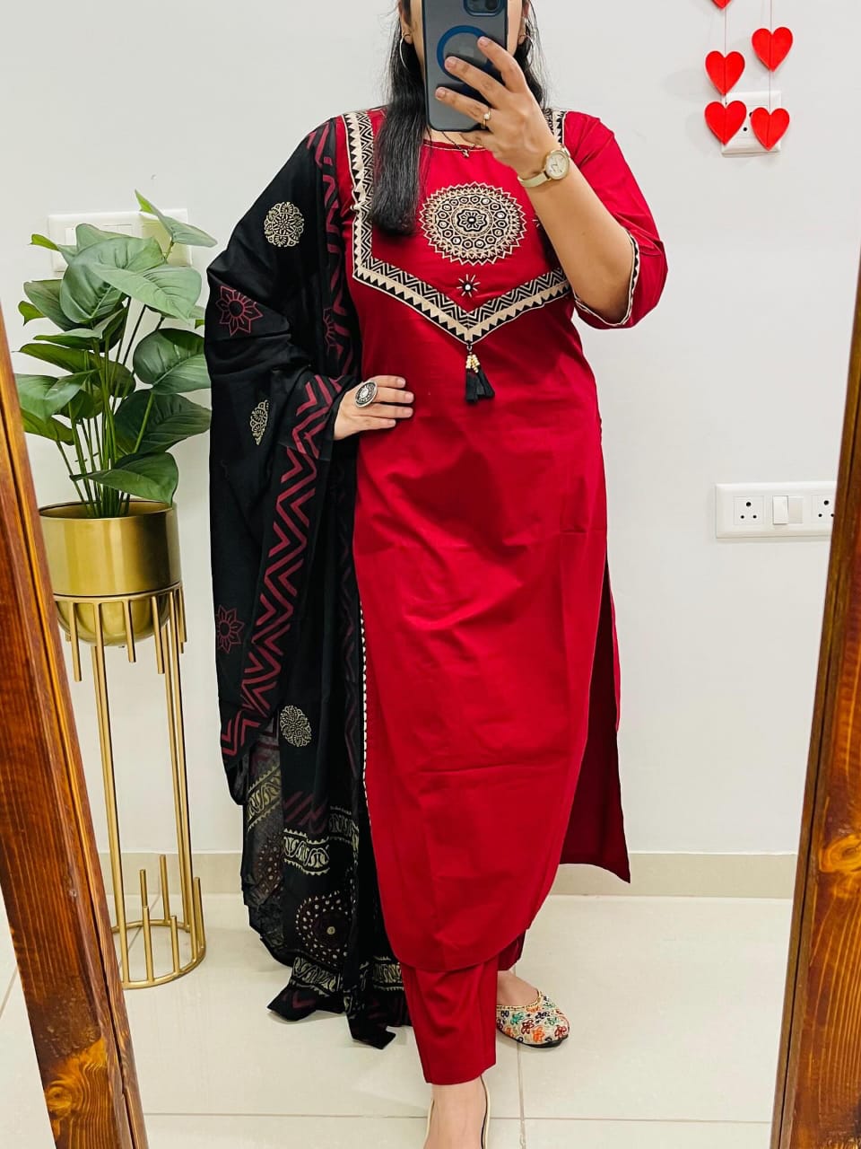 Red Sitara Mirror Applique Kurti Set with Block Print Dupatta