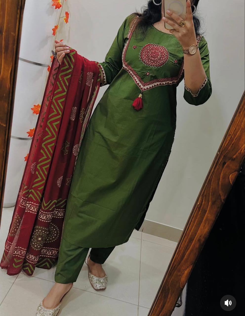 Green Sitara Mirror Applique Kurti Set with Block Print Dupatta