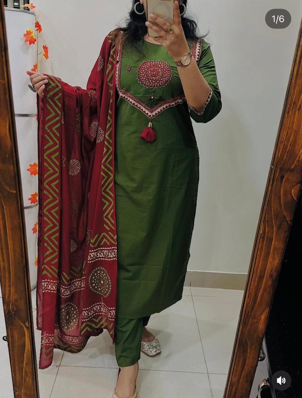 Green Sitara Mirror Applique Kurti Set with Block Print Dupatta