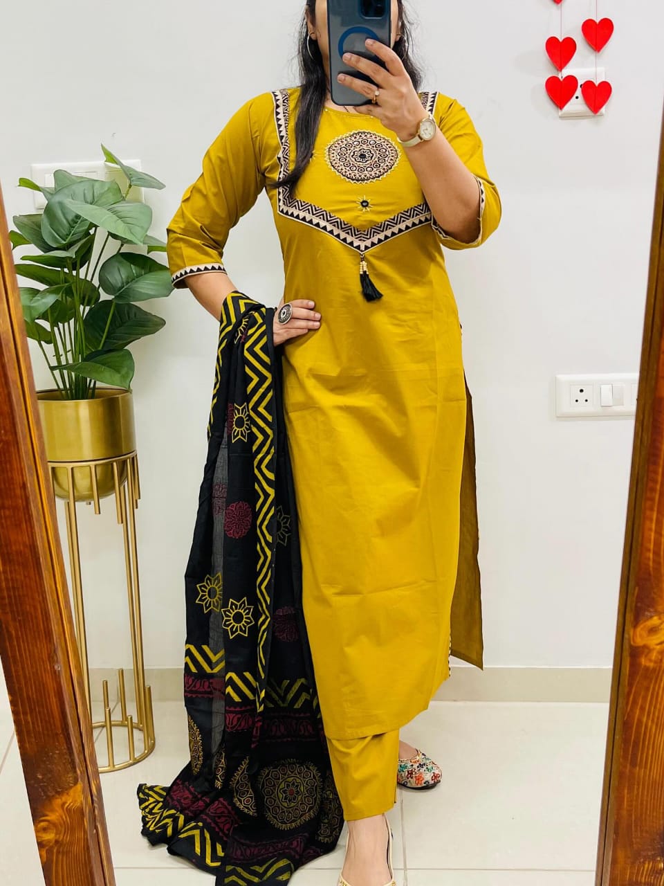 Yellow Sitara Mirror Applique Kurti Set with Block Print Dupatta