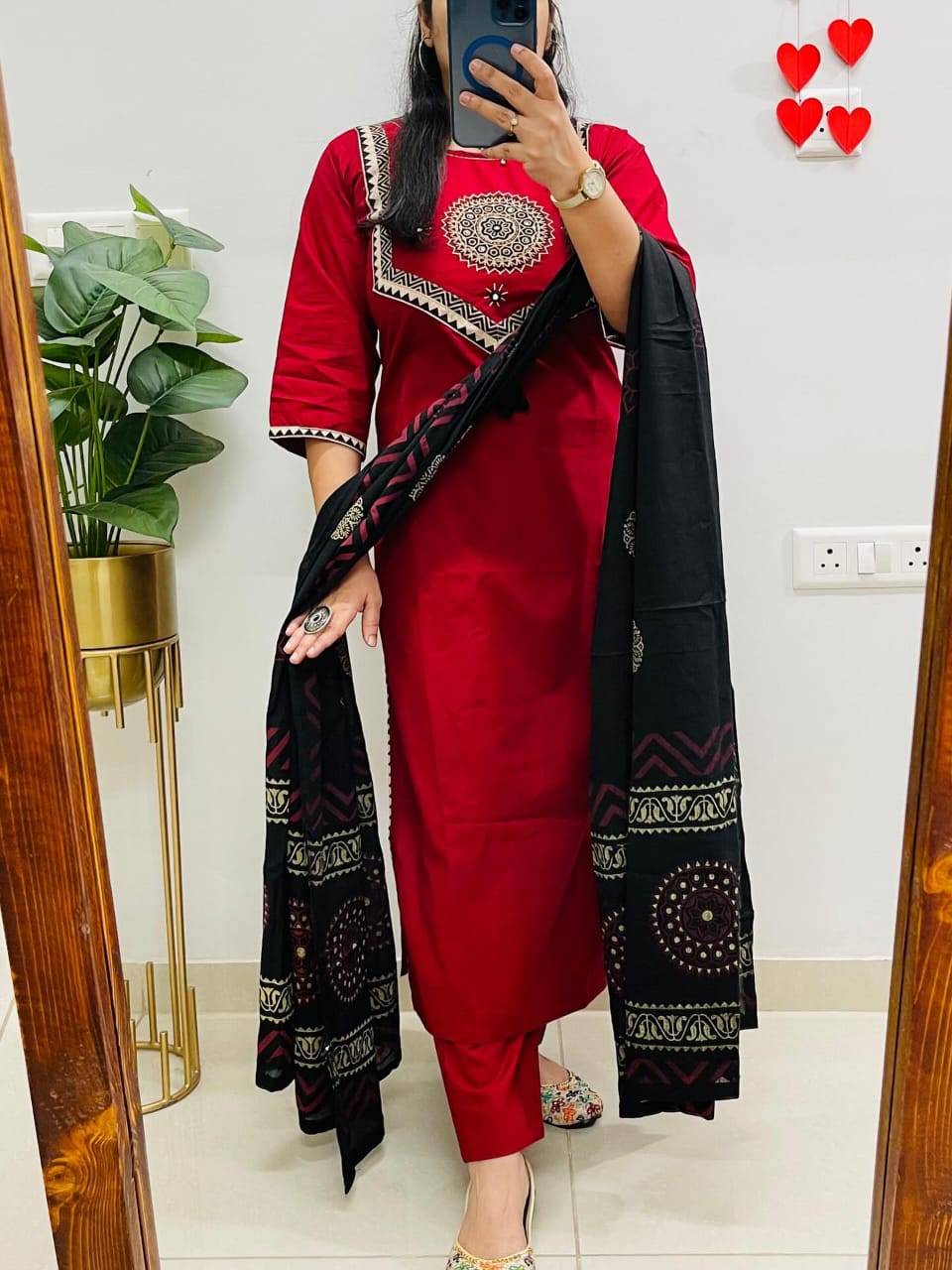 Red Sitara Mirror Applique Kurti Set with Block Print Dupatta