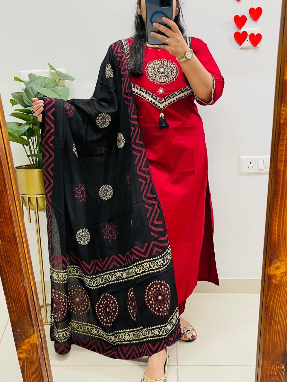 Red Sitara Mirror Applique Kurti Set with Block Print Dupatta