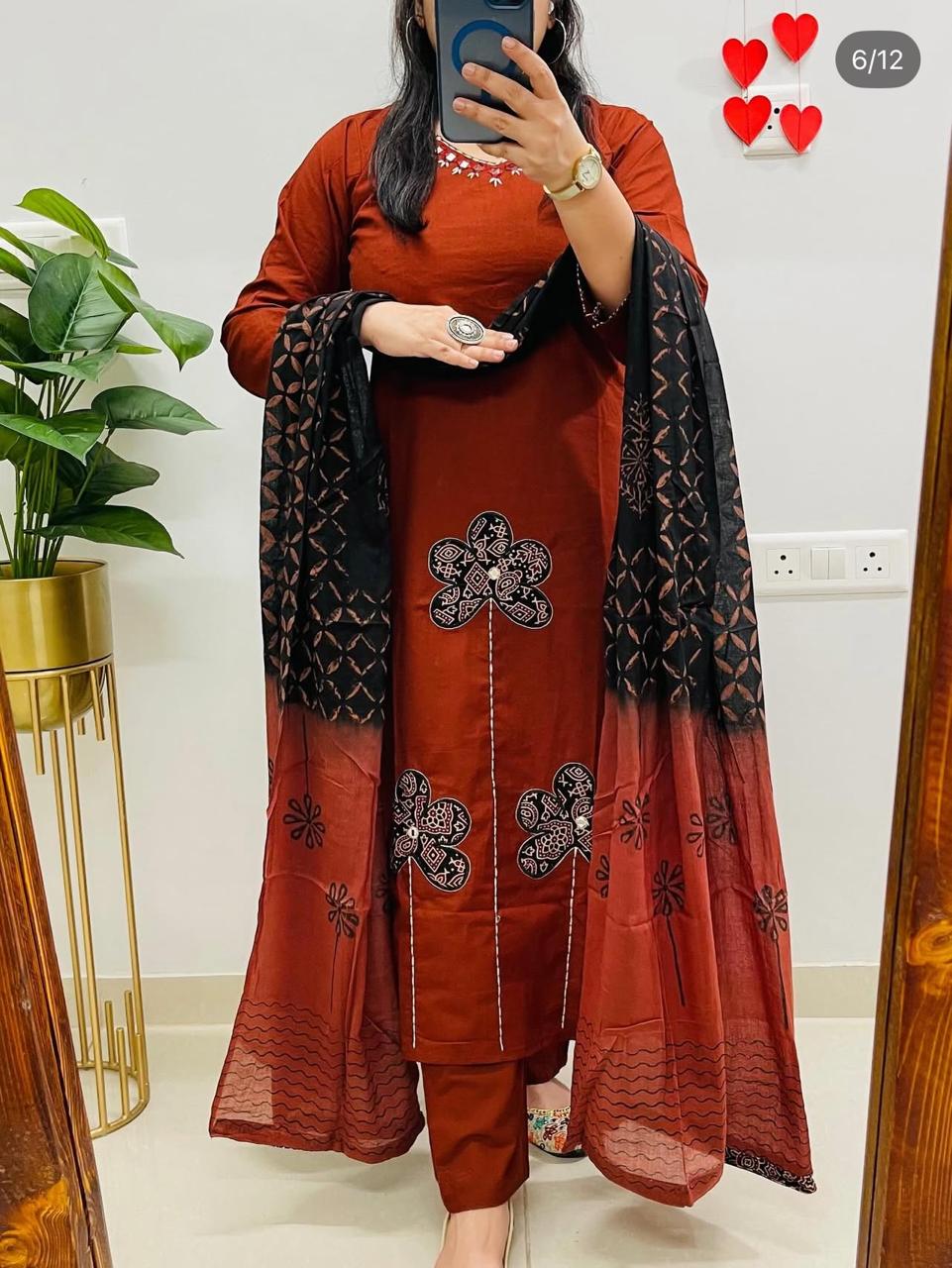 Rust Premium Dhabu Cotton Kurti Set with Applique Work & Cotton Dupatta