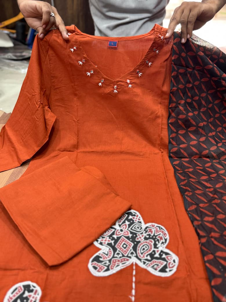 Rust Premium Dhabu Cotton Kurti Set with Applique Work & Cotton Dupatta