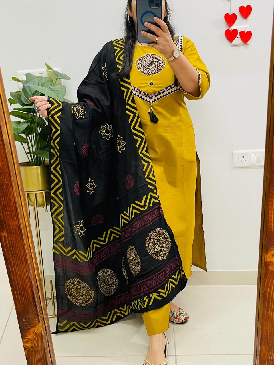 Yellow Sitara Mirror Applique Kurti Set with Block Print Dupatta