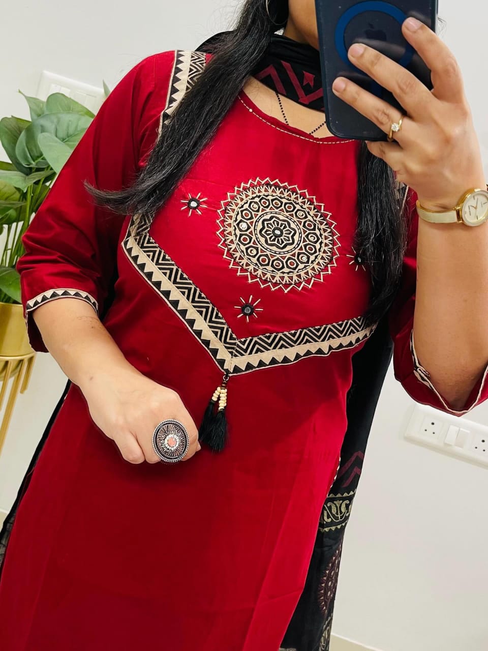 Red Sitara Mirror Applique Kurti Set with Block Print Dupatta