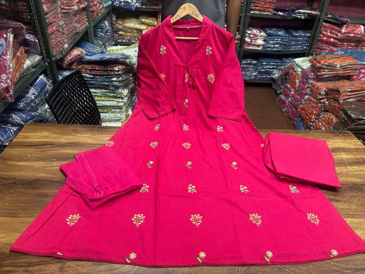 Jaipuri Trendz New Style Cotton Kurti pant and dupatta set  Embroidery Work (PINK)