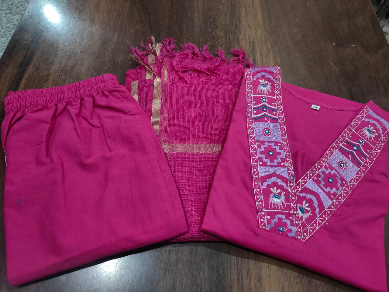 Pink Cotton Kurta Pant and Dupatta Set with Neck Work