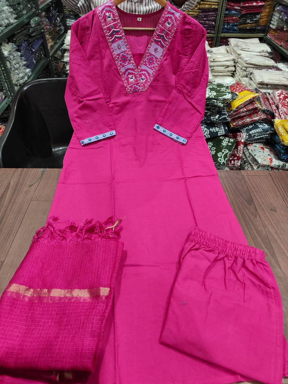 Pink Cotton Kurta Pant and Dupatta Set with Neck Work