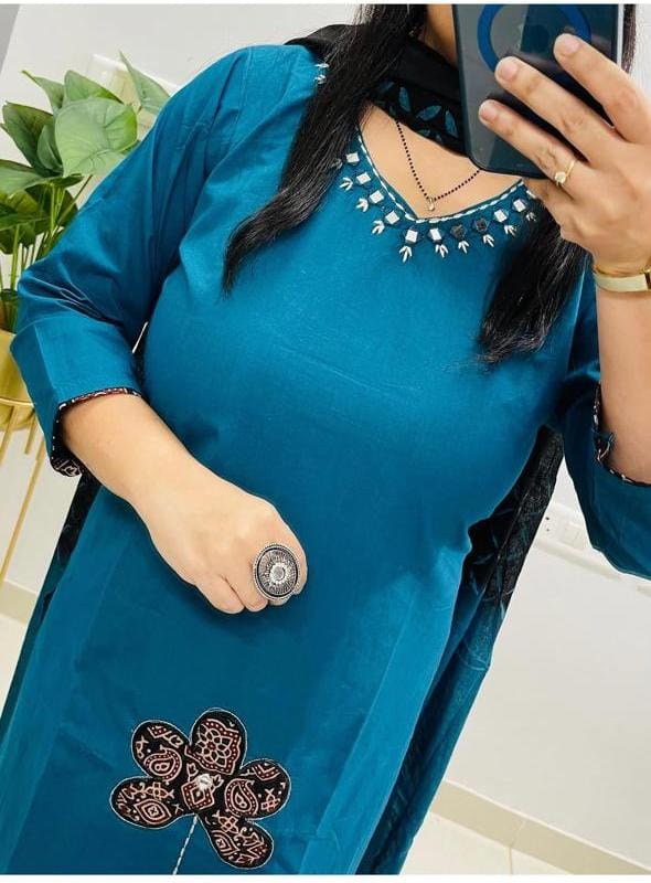 Blue Premium Dhabu Cotton Kurti Set with Applique Work & Cotton Dupatta