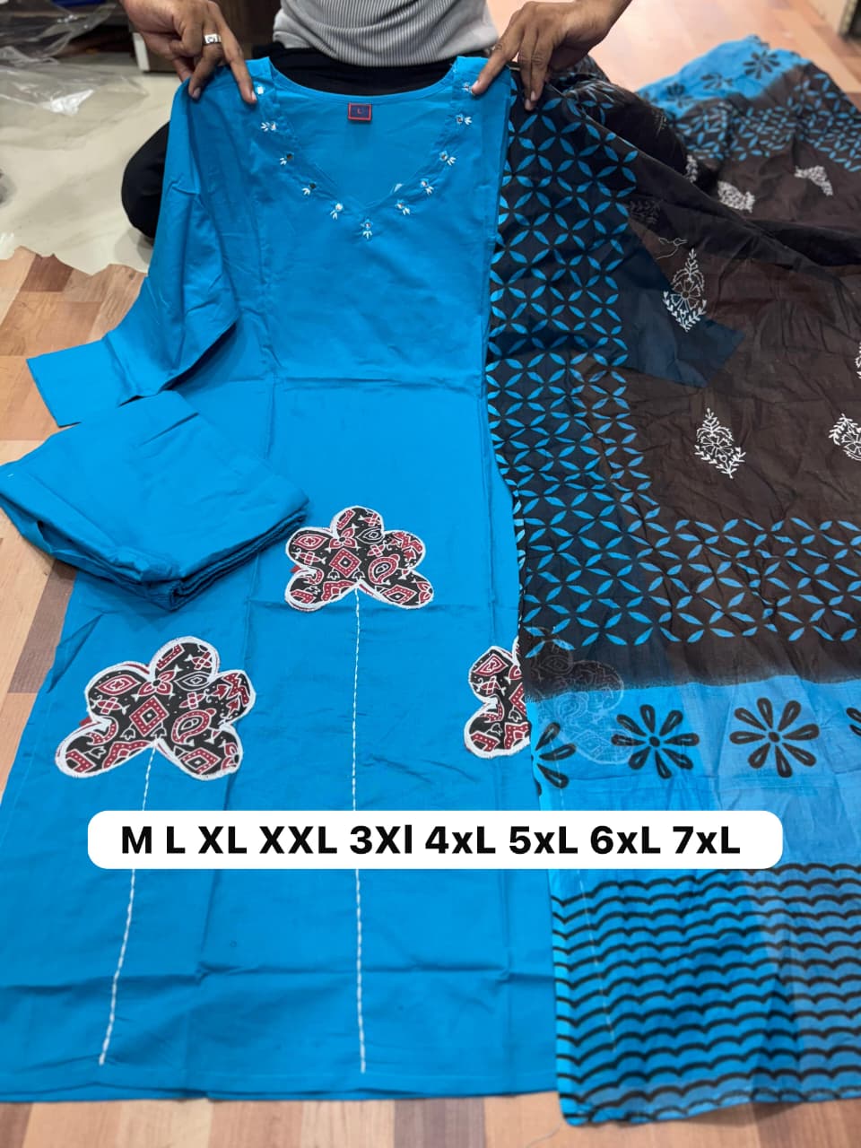Blue Premium Dhabu Cotton Kurti Set with Applique Work & Cotton Dupatta