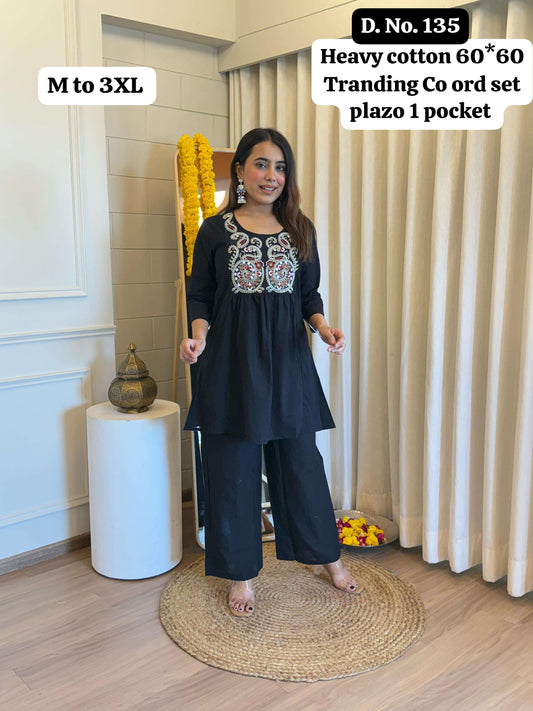 Black Pure Cotton Short Kurta and Palazzo Set